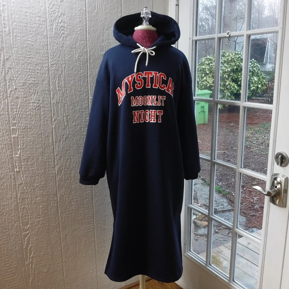 DAZY Navy Blue Color Hooded Long Sleeve Fleece Lined Sweatdress - Picture 4 of 9